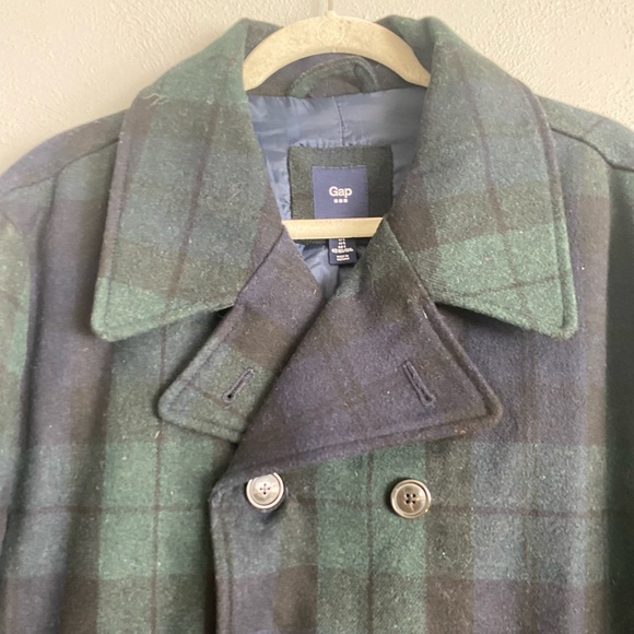 Gap Men’s Peacoat Size Large Tartan Plaid Wool Blend Navy Blue Green Vintage - Picture 2 of 9